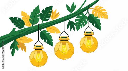 Solar-powered hanging lanterns, geometric glass spheres with internal glowing filaments, hanging from a thick jungle branch with tropical leaves, warm yellow and deep green palette, trace