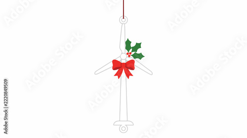 Eco-friendly wind turbine holiday ornament, sleek white turbine with a bright red festive bow and green holly leaves, minimalist industrial aesthetic, clear blue background, sharp silhouette,