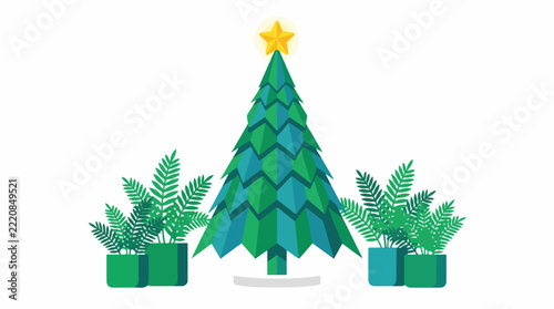 A central minimalist solar panel Christmas tree composed of interlocking green and blue geometric scales, surrounded by lush potted ferns. Bright, optimistic daylight. High-quality flat design.