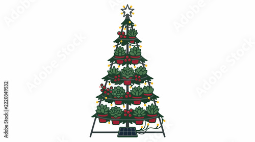 Vertical garden Christmas tree, conical metal structure with tiers of potted succulents and red berries, solar-powered fairy lights, urban gardening concept, trace optimized, minimalist flat