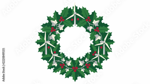 A modern holiday wreath featuring micro wind turbines integrated with holly berries and ivy leaves. Symmetrical design with clean lines. Color palette: forest green, crimson red, silver, cream.