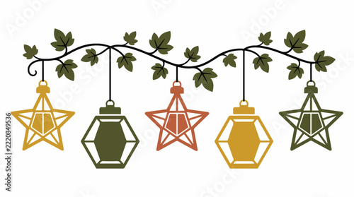 A series of hanging solar-powered lanterns in the shape of stars and hexagons, intertwined with creeping vine leaves. Warm sunset lighting. Color palette: mustard yellow, dark olive green,