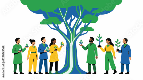 Solarpunk community gathering, people in futuristic simple tunics standing around a large glowing bio-engineered tree, symbols of unity and ecology, flat character design, trace optimized,