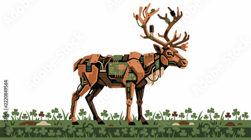A robotic reindeer sculpture constructed from recycled copper wires and circuit boards, standing in a meadow of clover. Earthy mood. Color palette: copper, moss green, beige, dark brown. trace