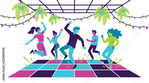 People dancing on a colorful kinetic energy floor that powers surrounding holiday fairy lights and hanging ferns. High energy mood. Color palette: magenta, cyan, deep purple, lime green. trace