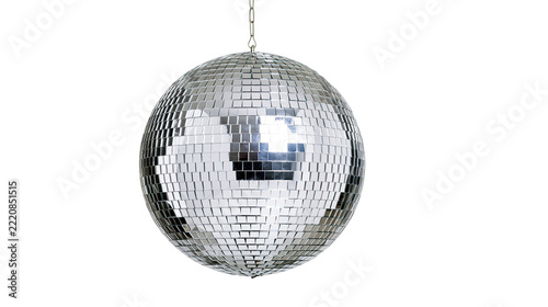 Shiny silver mirrored disco ball with small square glass tiles and metal chain