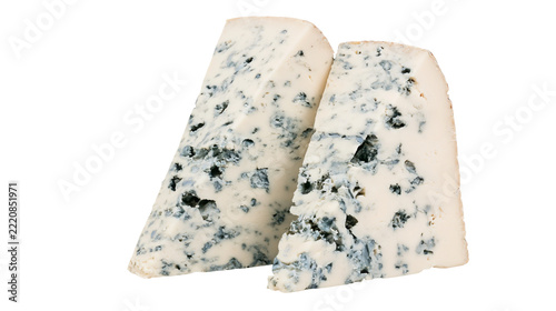 Obraz na plátně Two triangular wedges of creamy blue cheese with distinct blue mold veins
