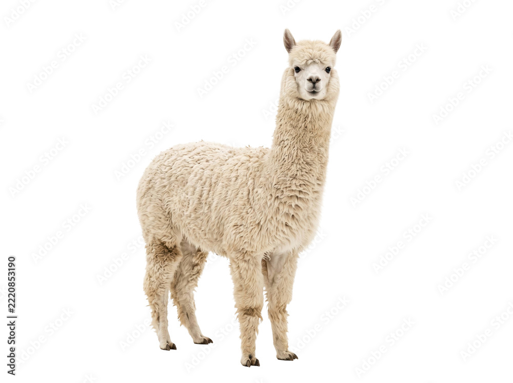 Fototapeta premium Full body portrait of a fluffy white alpaca standing isolated against a transparent background