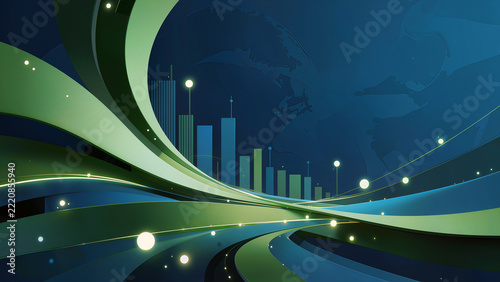Premium sustainability annual report background, elegant green and deep blue abstract composition, flowing organic curves combined with subtle geometric corporate structures
