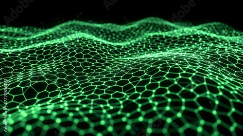 Futuristic glowing green hexagonal wireframe mesh landscape background representing digital cyberspace and big data
