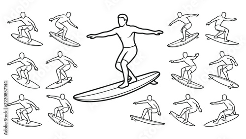Canvas Print Set of surfing athletes isolated on white background in line style