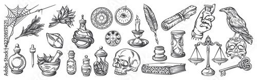 Apothecary Engraving Set with bottles, herbs, raven, skull, scales, key and occult symbols. Labels, posters and packaging use this apothecary engraving set, vector illustration.