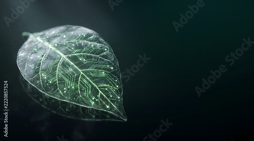 Abstract futuristic glowing green translucent leaf with digital tech dots on dark background with copy space