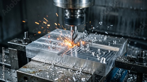 A close-up view of a CNC milling machine processing an aluminum block with precision cutting tools and visible machining sparks, illustrating modern industrial production and engineering technology.