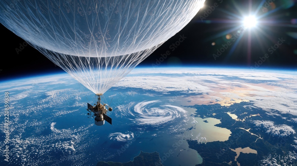 Fototapeta premium Enormous translucent weather balloon floats near stratosphere boundary above Earth. Scientific payload instrument flies high altitude over blue ocean, clouds. Curvature of planet visible from space