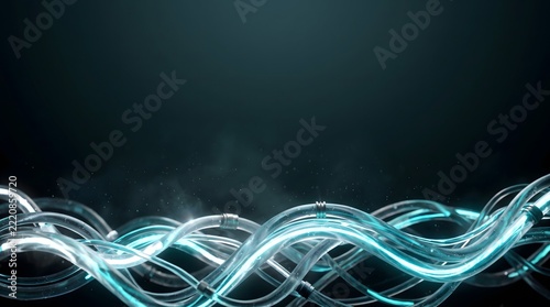 Abstract futuristic glowing blue fiber optic cables with smoke and dark copy space