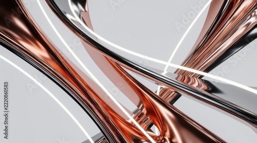 Abstract modern design with flowing metallic ribbons in copper, silver colors. Curved shiny lines weave together on light grey background. Futuristic 3D pattern features elegant smooth shapes,