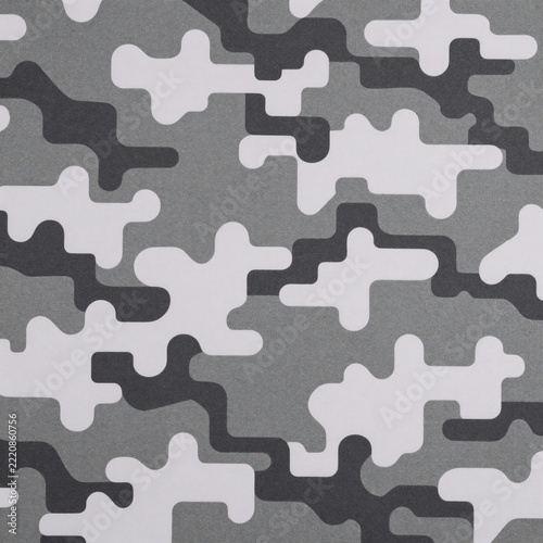 Realistic Seamless Uniform. Geometric Camouflage Abstract Pattern On Military Grey And White Background
