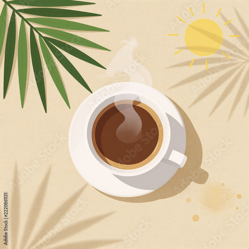 Ukiyo-E Linen Coffee. A Minimal Summer Concept Flat Lay: Coffee And Palm Leaf Shadow On Sand Linen, Top View
