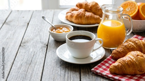 Breakfast table with fresh croissants, a cup of black coffee, orange juice in a glass pitcher, and a bowl of orange slices on a wooden surface