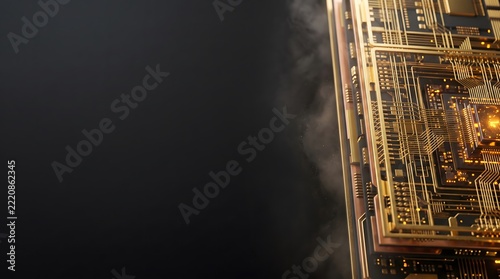 Macro view of glowing gold microchip circuit board with smoke and copy space on dark background