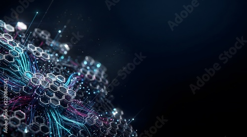 Abstract futuristic 3D glowing hexagonal network structure with neon lights on dark background with copy space