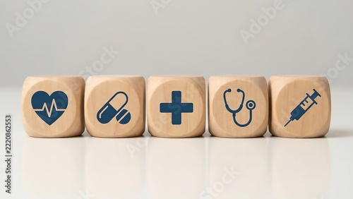 Five wooden cubes in a row on a white surface, each displaying a blue medical icon including a heart, pill, cross, stethoscope, and syringe
