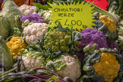 Colourful cauliflowers (Brassica oleracea var. botrytis) on a market stall