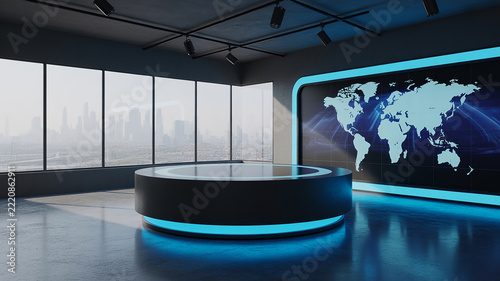 Modern news studio with map screen and city view broadcast