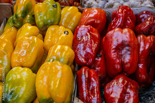 Yellow and red peppers (capsicums) on a market stall