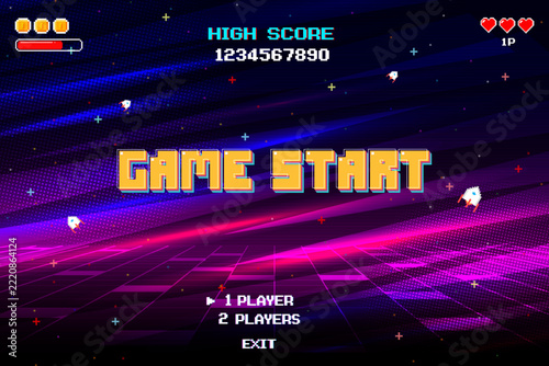 GAME START. pixel art 8-bit. retro game. for game assets in vector illustrations. arcade gaming.