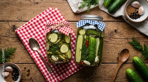 Two glass jars of homemade pickled cucumbers with dill  garlic  and peppercorns  surrounded by fresh cucumbers  spices  and wooden utensils on a weathered wooden surface