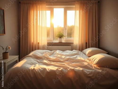 Peaceful Bedroom with Unmade Bed and Warm Morning Sunlight Through Window