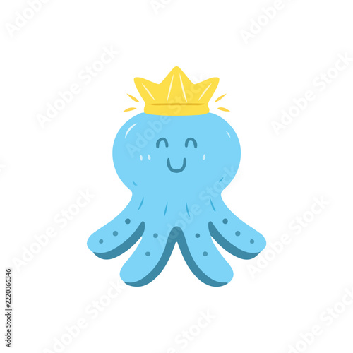 Cute Blue Octopus With Crown Illustration