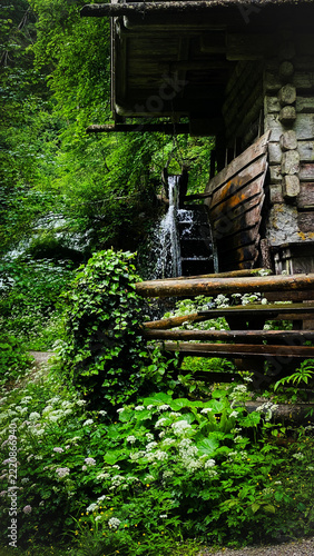 Historic wooden watermill on the Mühlenrundweg trail in Scheffau, Salzburg, Austria