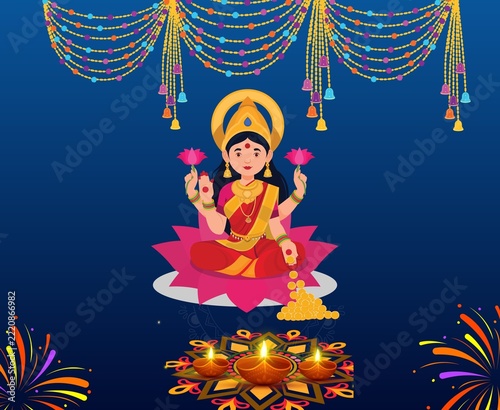 Goddess Lakshmi Sitting on Lotus Flower for Happy Diwali Celebration Vector Illustration