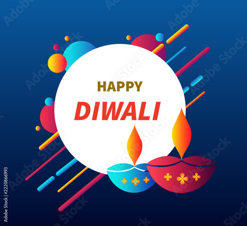Happy Diwali Festival Greeting Card Design with Oil Diya Lamps Background