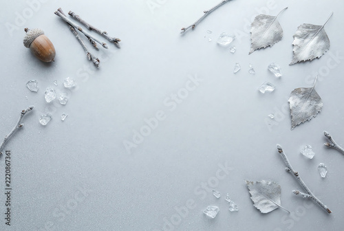 A top down view of a single persimmon fruit with dry twigs and ice cubes on grey background