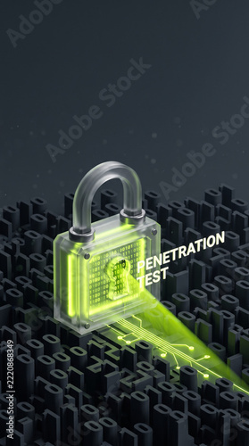 A glowing glass padlock rising from binary code for penetration testing and firmware security vulnerability analysis