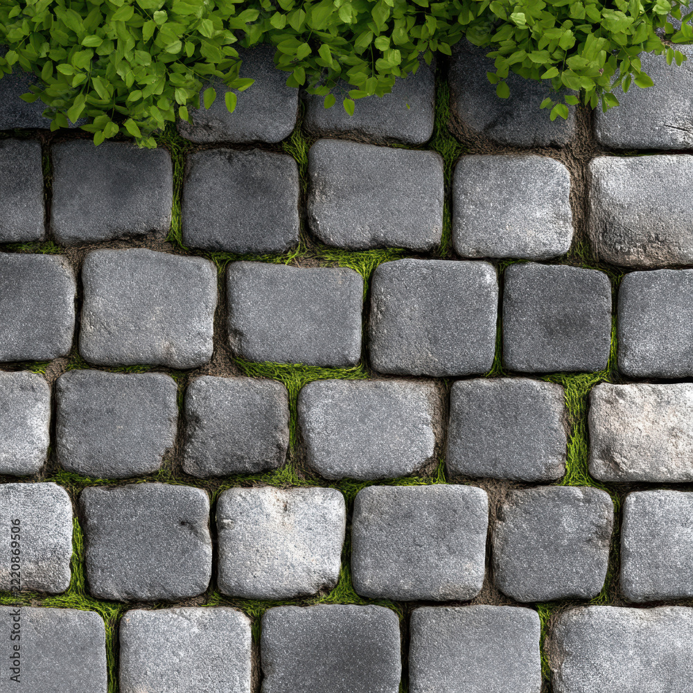 Fototapeta premium Gray stone pavement, square cobblestone pattern with green moss and leafy plant, natural outdoor texture background