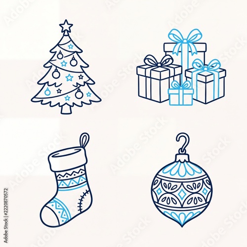 Hand Drawn Christmas Tree and Gift Box Doodle Collection Line Art