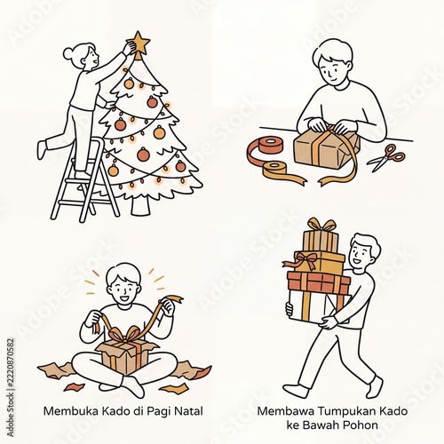 Hand Drawn Christmas Preparation Doodles with People and Gifts