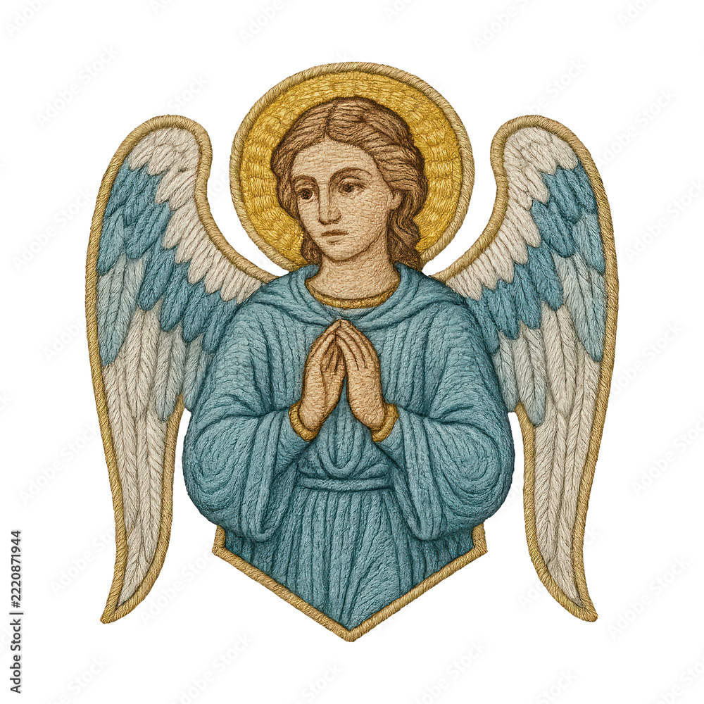 Fototapeta premium PNG Embroidered angel with golden halo.