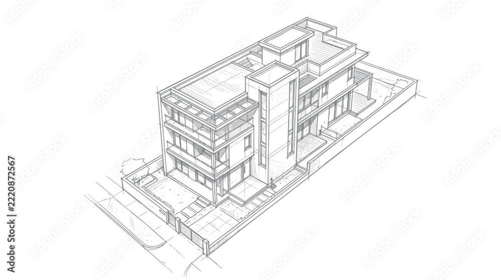 Fototapeta premium Modern house architectural sketch shows a multi-level residential building with flat roofs and a private courtyard area.
