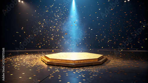 Golden Hexagonal Podium on Stage with Blue Spotlight Beam and Falling Confetti for Award Ceremony Product Presentation
