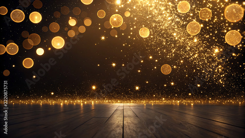 Luxury golden festive background with string lights, sparkling confetti, and wooden floor stage