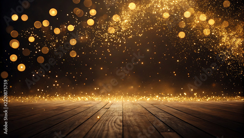 Luxury golden festive background with string lights, sparkling confetti, and wooden floor stage