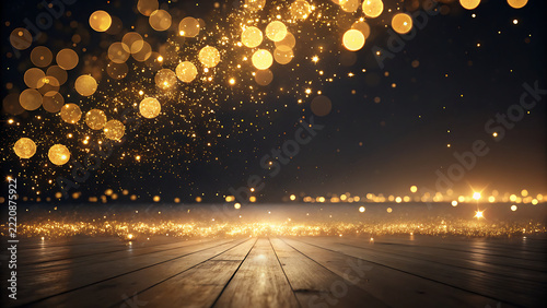 Luxury golden festive background with string lights, sparkling confetti, and wooden floor stage