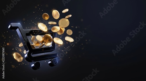 3D rendered illustration of a black shopping cart filled with golden coins representing financial growth and retail success