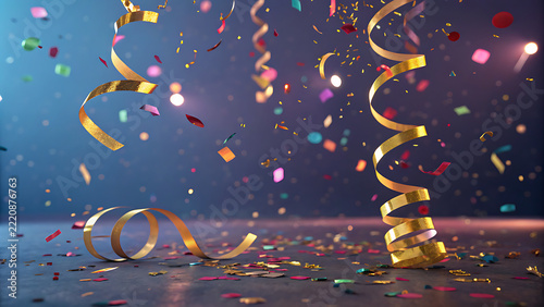 Vibrant Festive Background with Golden Streamers and Colorful Confetti Falling